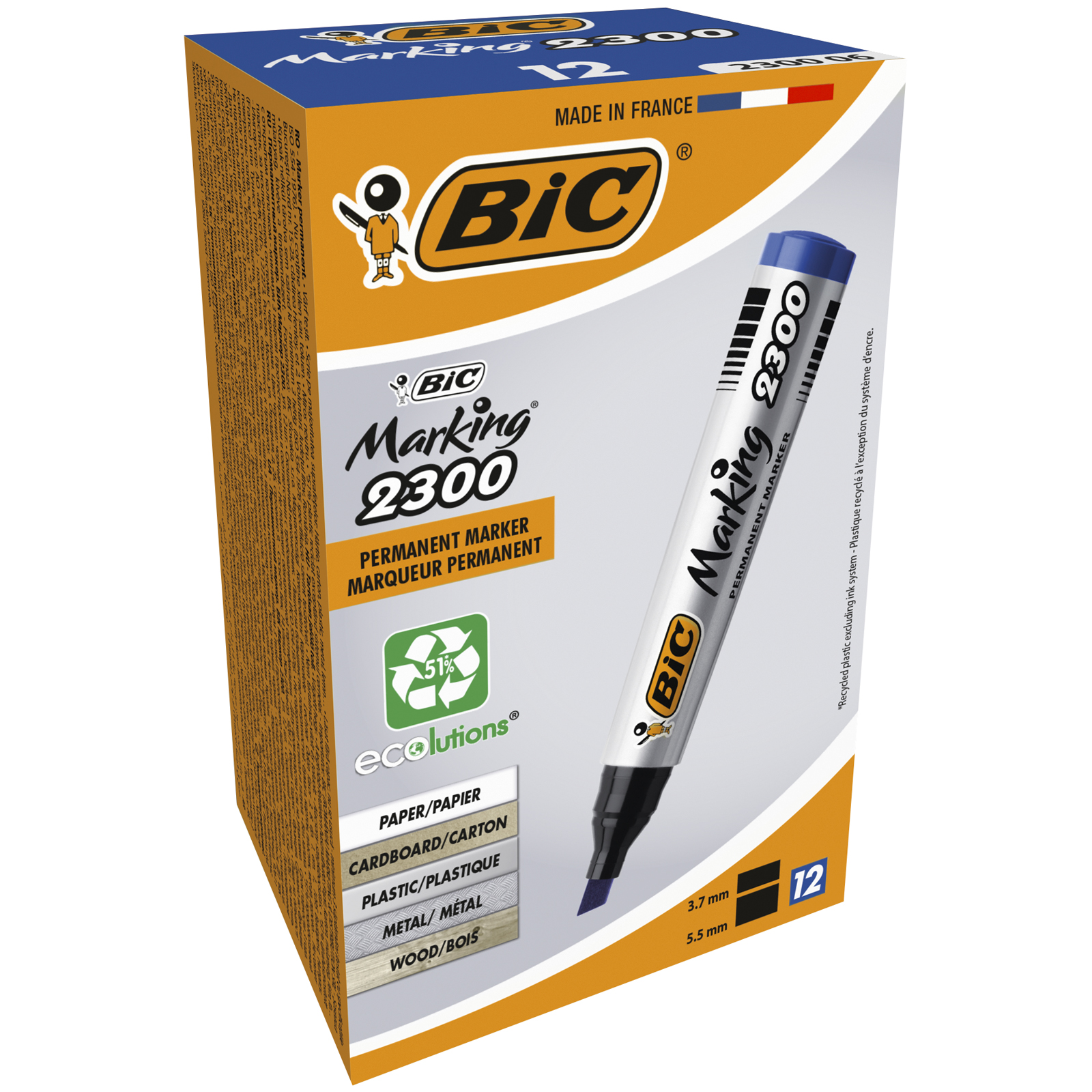 bic marking 2300 pack de 12 marqueurs permanents pointe biseau bleu