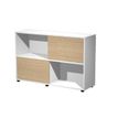 Bibliothèque basse TETRIS - L120 x H79 x P35 - Corps blanc - Portes chêne