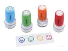 Wonday Teacher - Tampon - pré-encré - couleurs assorties - fenêtre d'image - smiley face - 10 mm de diamètre (pack de 4)