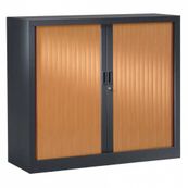 Armoire basse monobloc à rideaux - 105x120x45cm - noir/merisier