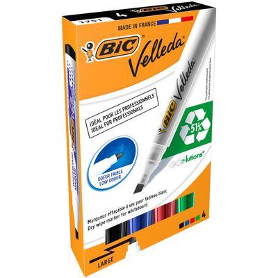 3086120017545-BIC VELLEDA 1751 - Pack de 4 marqueurs effaçables - pointe biseau - couleurs assorties--0