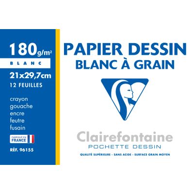 3210330061559-Clairefontaine Dessin à Grain - Pochette papier à dessin - 12 feuilles - A4 - 180 gr - blanc--0