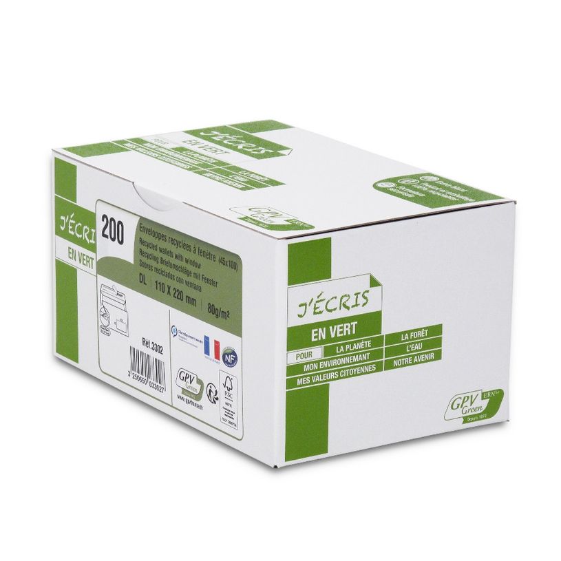 3250650033027-GPV Green - 200 Enveloppes recyclées DL 110 x 220 mm - 80 gr - fenêtre 45x100 mm - blanc - ba-P_400002453_1-0