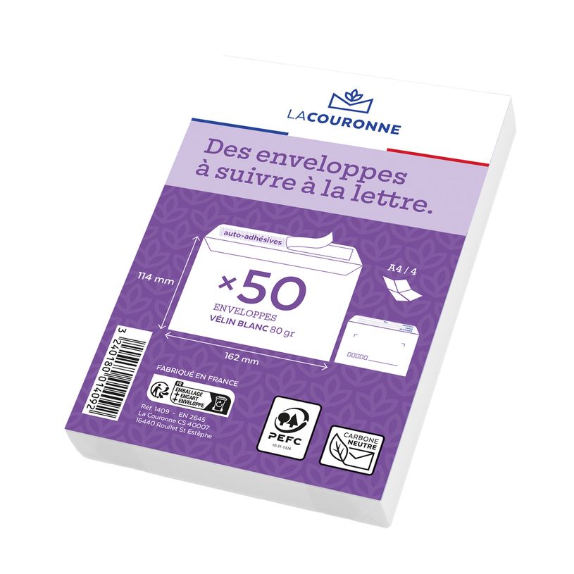 3240180014092-La Couronne - 50 Enveloppes précasées C6 114 x 162 mm - 80 gr - sans fenêtre - blanc - -P_400002469_1-0
