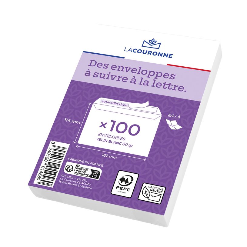 3240180014580-La Couronne - 100 Enveloppes C6 114 x 162 mm - 80 gr - sans fenêtre - blanc - bande auto--P_400010313_1-0