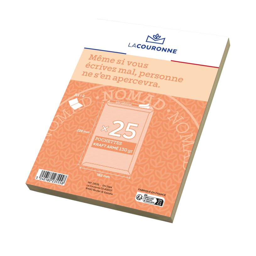 3240180235558-La Couronne - 25 Pochettes  C5 162 x 229 mm - 130 gr - sans fenêtre - kraft armé - bande-P_400010322_1-0