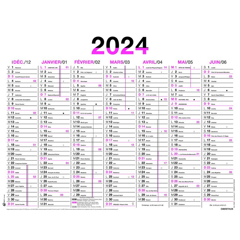 3664447154763-Calendrier Fluo - 7 mois par face - 32 x 42 cm - rose - Oberthur-P_405149394_1-0