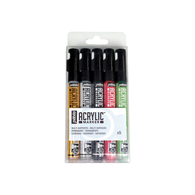 3167862055061-Pebeo Acrylic - Pack de 5 marqueurs - pointe ronde - rouge, or, argent, vert, blanc-P_405177380_1-0