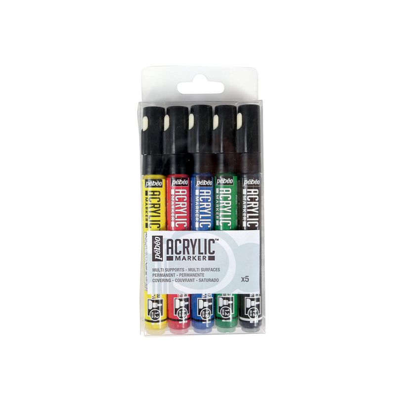 3167862055054-Pebeo Acrylic - Pack de 5 marqueurs - pointe ronde - noir, rouge, vert, jaune, cyan-P_405177381_1-0
