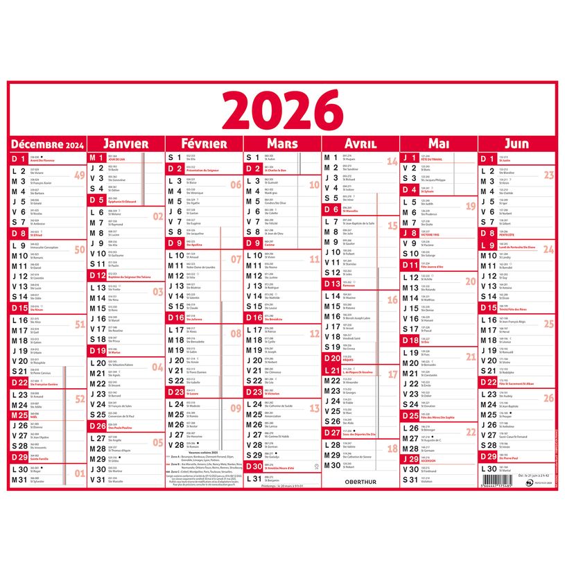 3664447209579-Calendrier Classique - 7 mois par face - 43 x 55 cm - rouge - Oberthur--0