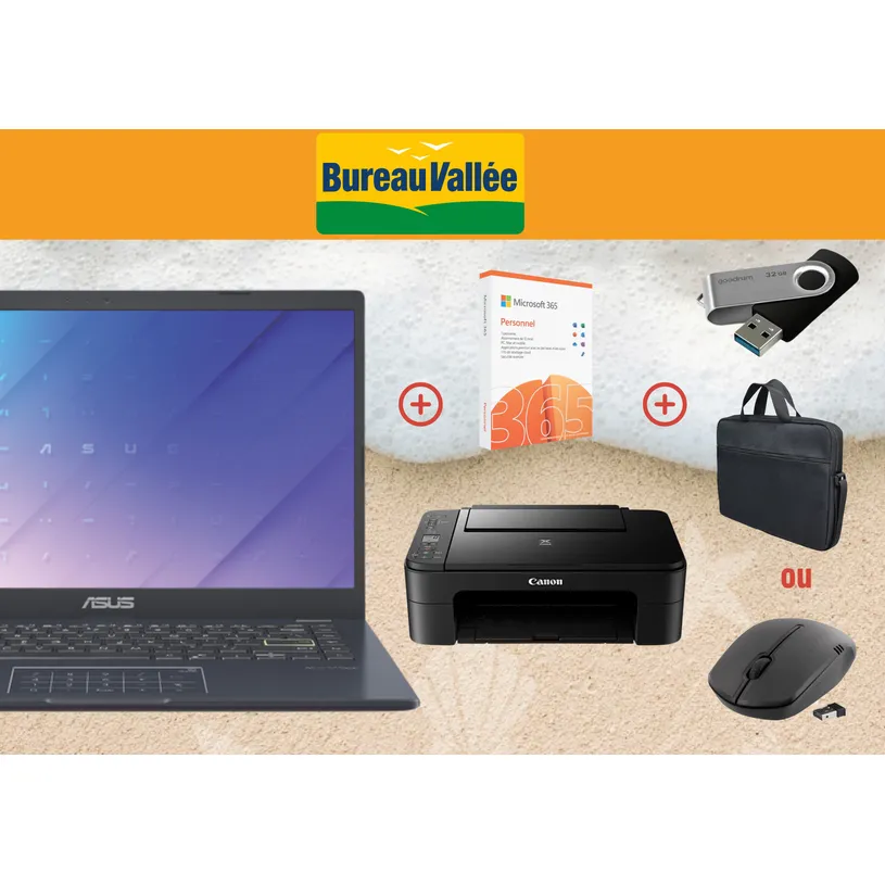 -Ensemble composé d'un PC Asus Vivobook 14" + imprimante Canon Pixma TS3350 + sacoche + souris  sans fil + clé USB --0