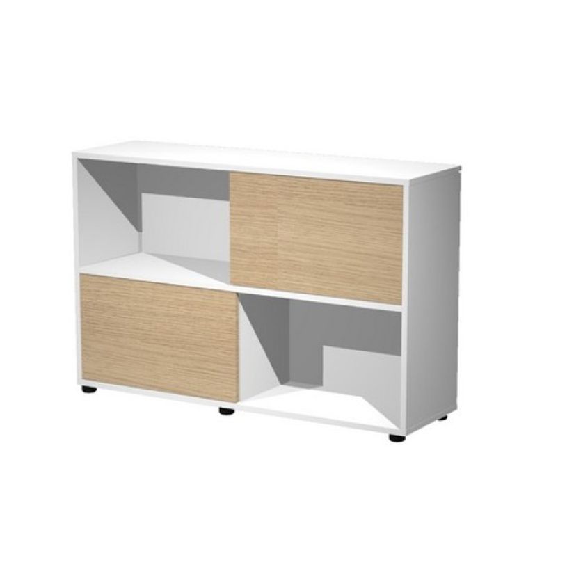 2012349514900-Bibliothèque basse TETRIS - L120 x H79 x P35 - Corps blanc - Portes chêne-P_79441885_1-0